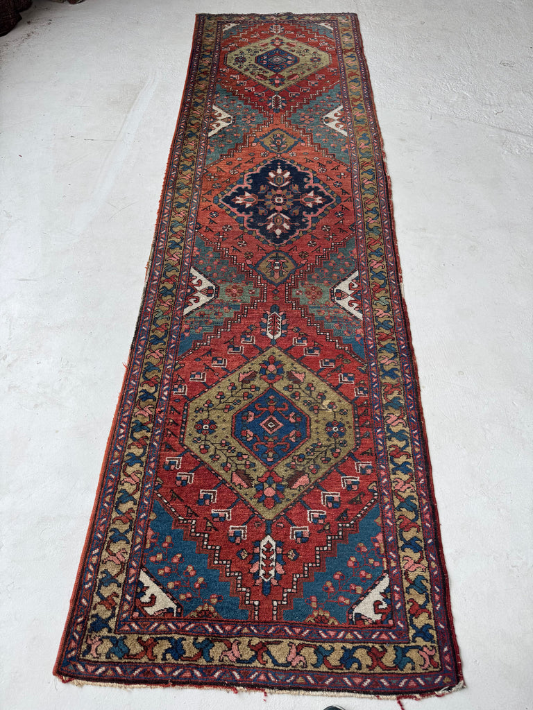 DECORATIVE Antique Heriz Runner | Kiwi, Lake Blue, Rust, Camel, Sage, Melon | 3 x 10.2