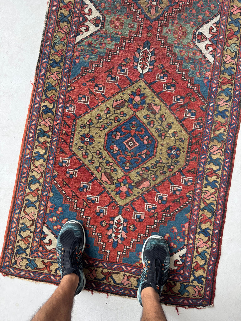 DECORATIVE Antique Heriz Runner | Kiwi, Lake Blue, Rust, Camel, Sage, Melon | 3 x 10.2