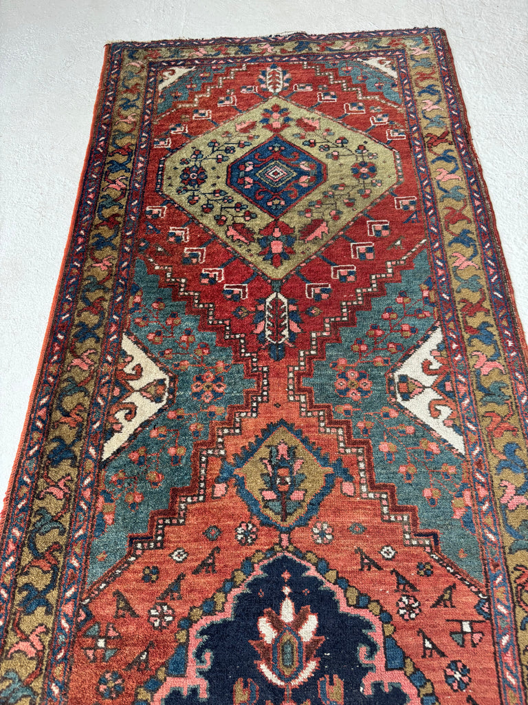 DECORATIVE Antique Heriz Runner | Kiwi, Lake Blue, Rust, Camel, Sage, Melon | 3 x 10.2