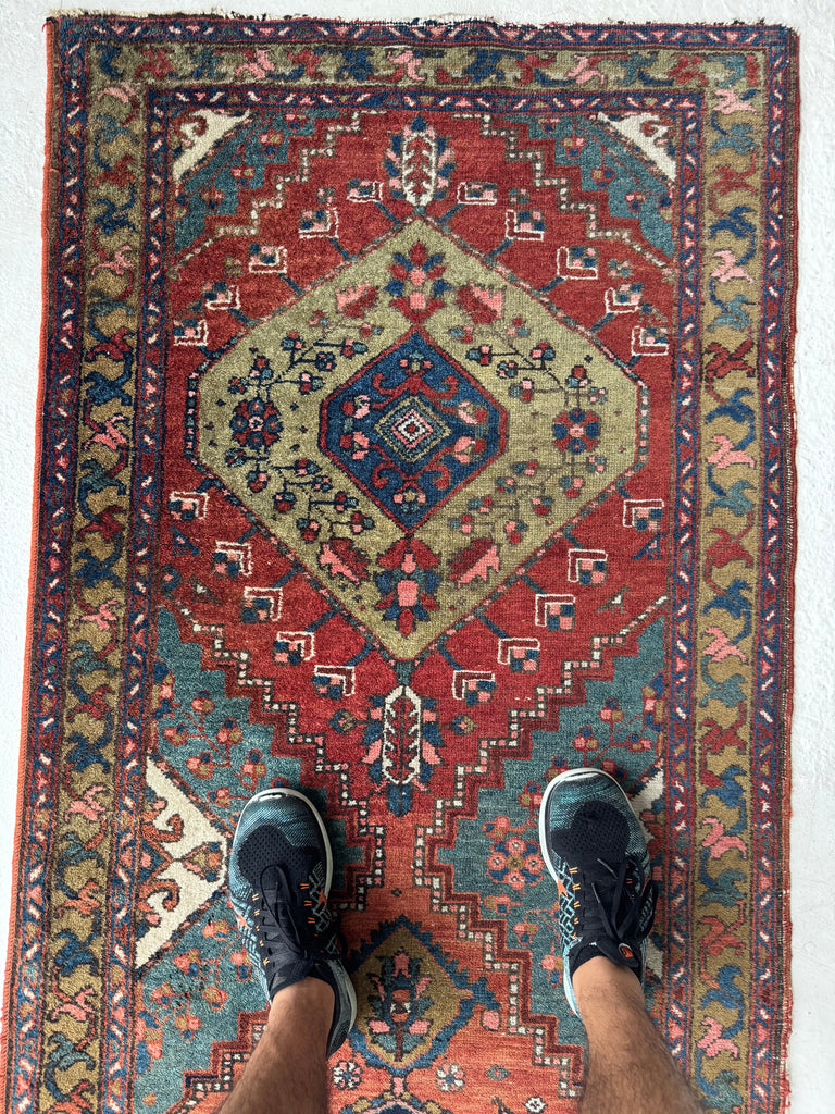 DECORATIVE Antique Heriz Runner | Kiwi, Lake Blue, Rust, Camel, Sage, Melon | 3 x 10.2