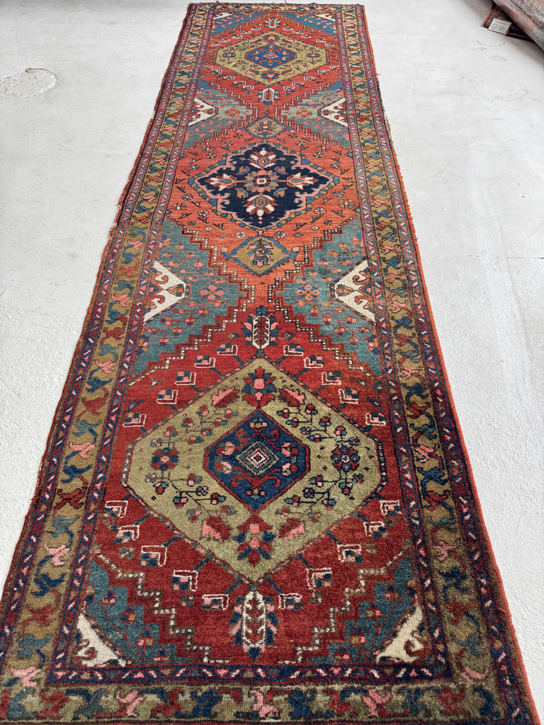 DECORATIVE Antique Heriz Runner | Kiwi, Lake Blue, Rust, Camel, Sage, Melon | 3 x 10.2