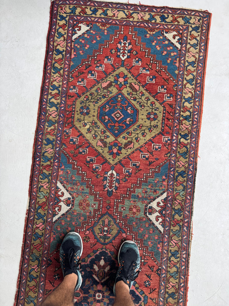 DECORATIVE Antique Heriz Runner | Kiwi, Lake Blue, Rust, Camel, Sage, Melon | 3 x 10.2
