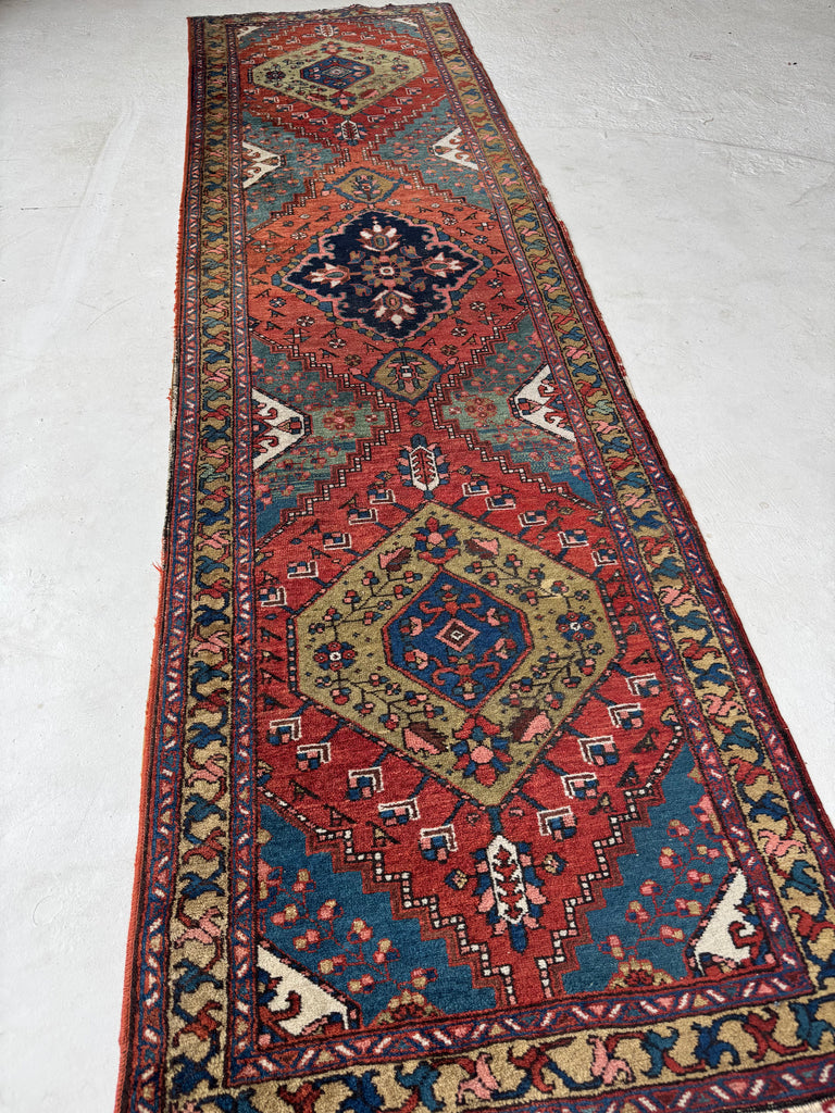 DECORATIVE Antique Heriz Runner | Kiwi, Lake Blue, Rust, Camel, Sage, Melon | 3 x 10.2