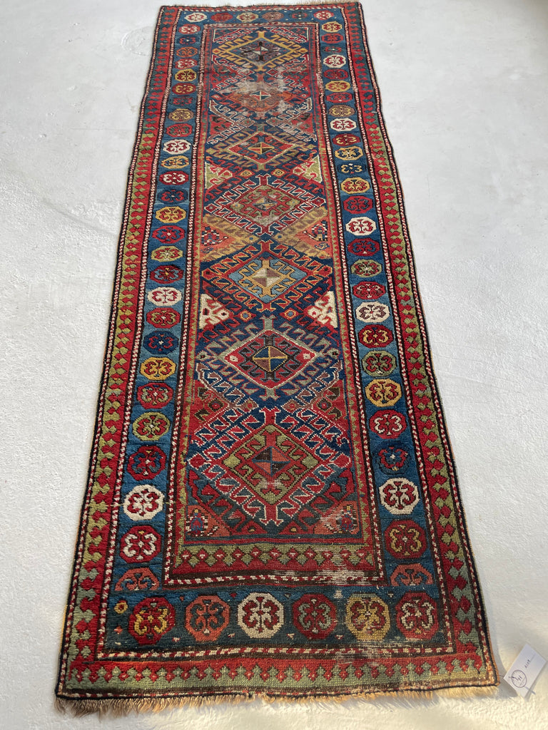 SOLD | OLLLLLLD Beauty Antique KAZAK Tribal Runner | Denim Blue, Aubergine, Kiwi Green, Teal, Saffron | ~ 3 x 9
