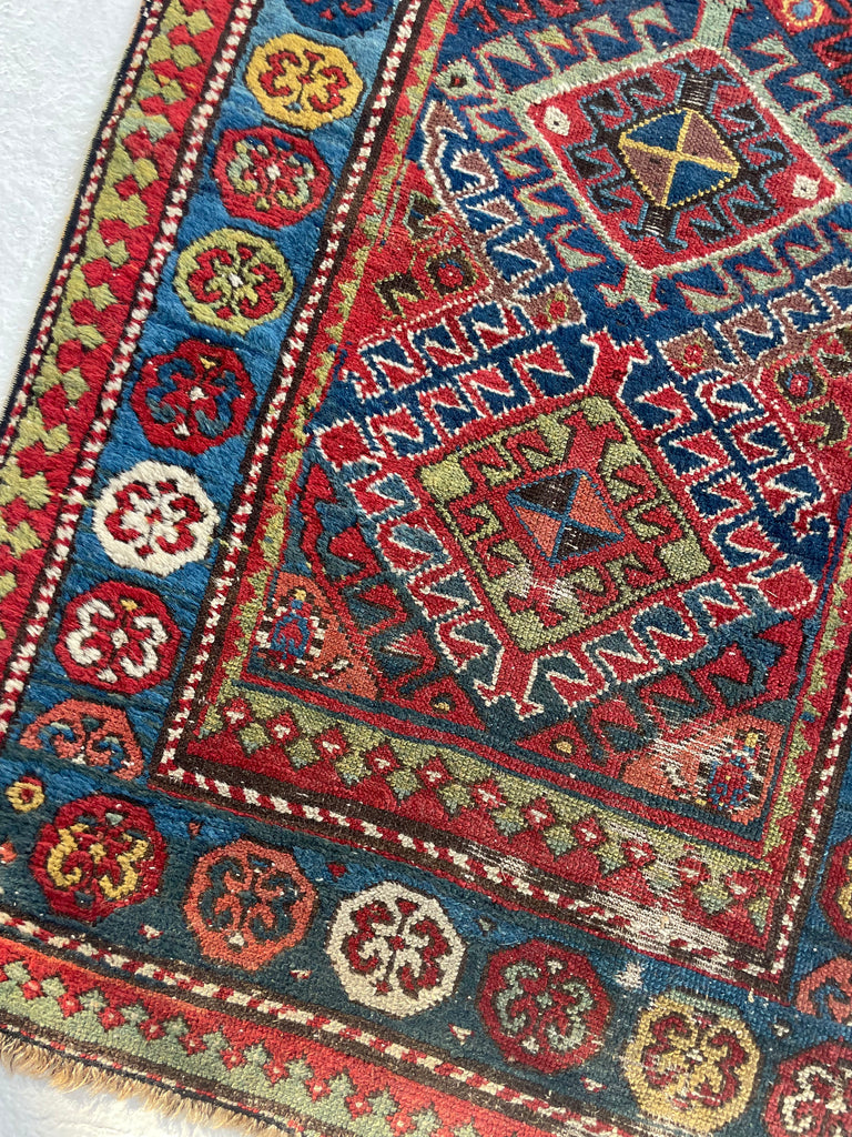 SOLD | OLLLLLLD Beauty Antique KAZAK Tribal Runner | Denim Blue, Aubergine, Kiwi Green, Teal, Saffron | ~ 3 x 9