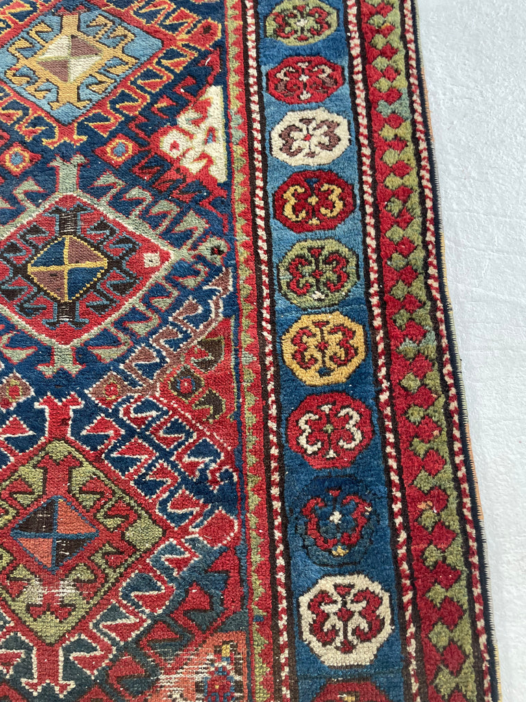 SOLD | OLLLLLLD Beauty Antique KAZAK Tribal Runner | Denim Blue, Aubergine, Kiwi Green, Teal, Saffron | ~ 3 x 9