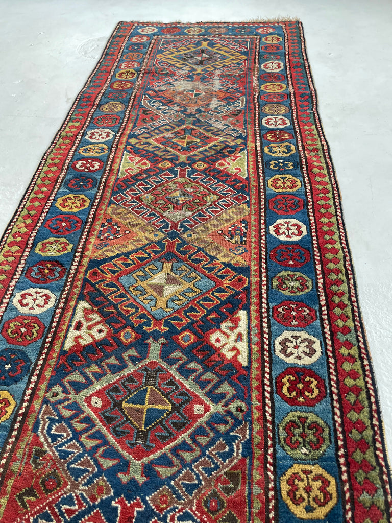 SOLD | OLLLLLLD Beauty Antique KAZAK Tribal Runner | Denim Blue, Aubergine, Kiwi Green, Teal, Saffron | ~ 3 x 9