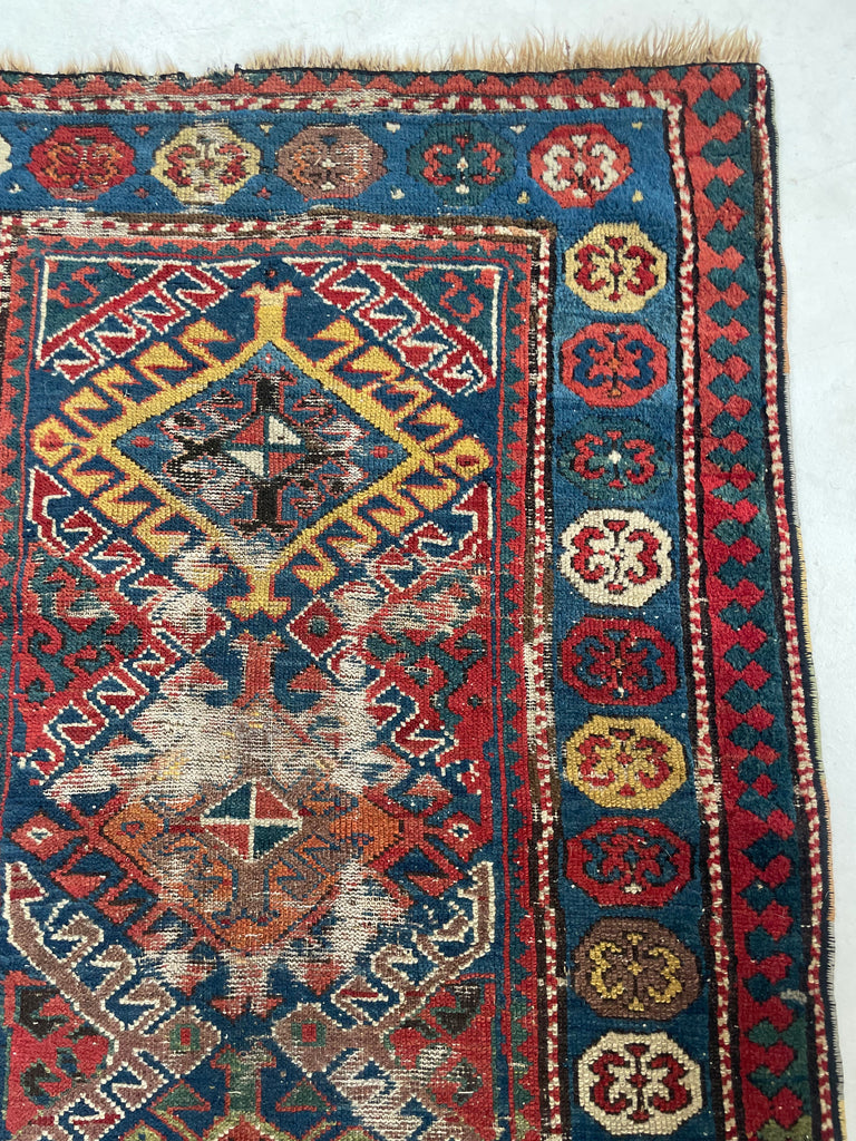 SOLD | OLLLLLLD Beauty Antique KAZAK Tribal Runner | Denim Blue, Aubergine, Kiwi Green, Teal, Saffron | ~ 3 x 9