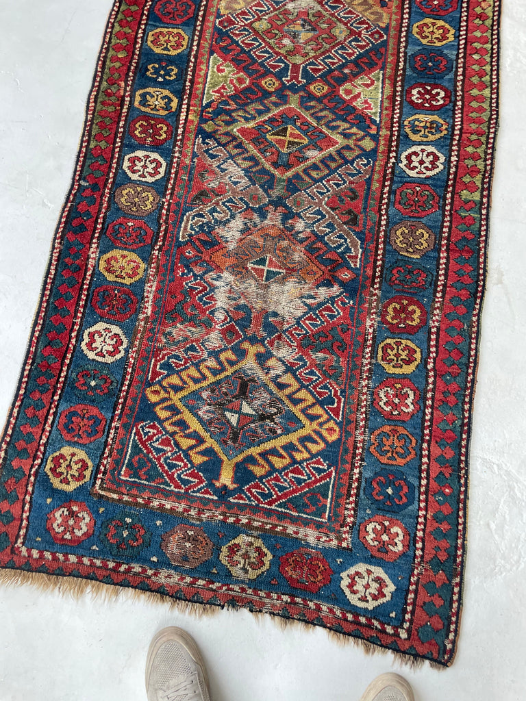 SOLD | OLLLLLLD Beauty Antique KAZAK Tribal Runner | Denim Blue, Aubergine, Kiwi Green, Teal, Saffron | ~ 3 x 9