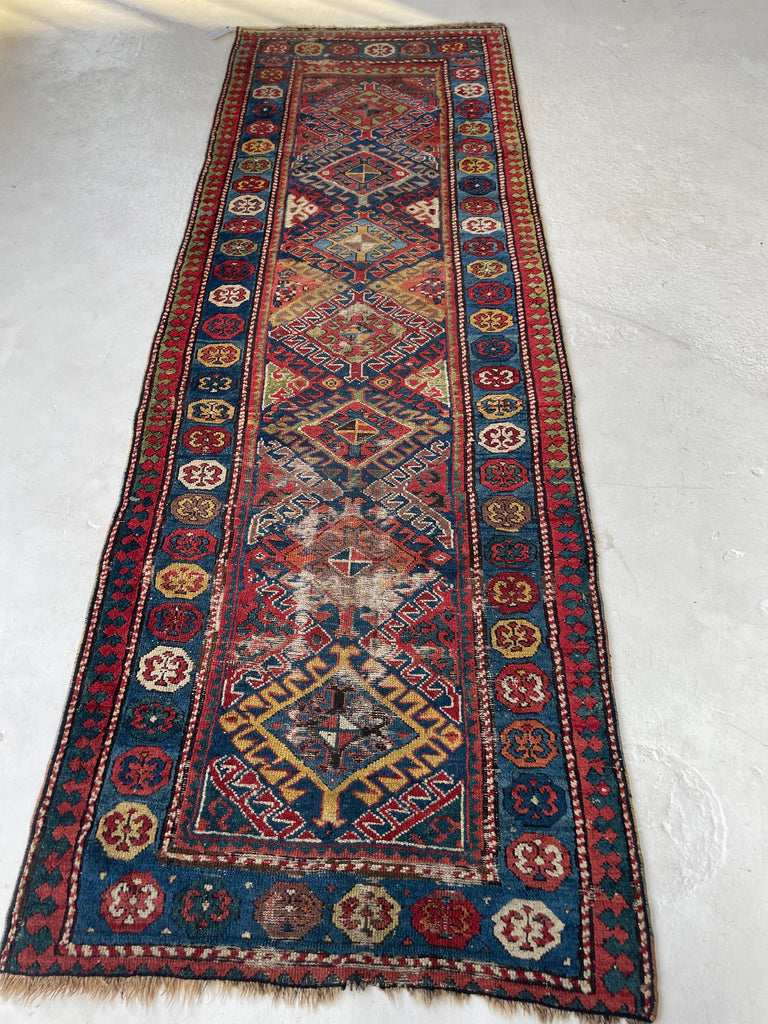 SOLD | OLLLLLLD Beauty Antique KAZAK Tribal Runner | Denim Blue, Aubergine, Kiwi Green, Teal, Saffron | ~ 3 x 9