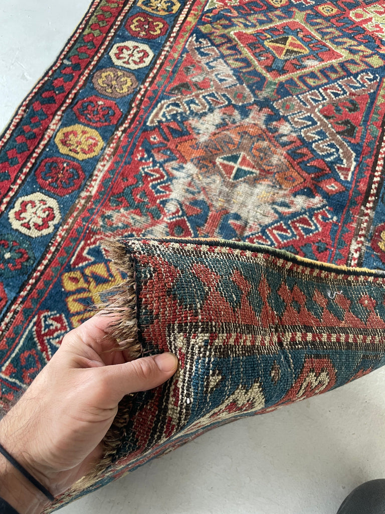 SOLD | OLLLLLLD Beauty Antique KAZAK Tribal Runner | Denim Blue, Aubergine, Kiwi Green, Teal, Saffron | ~ 3 x 9
