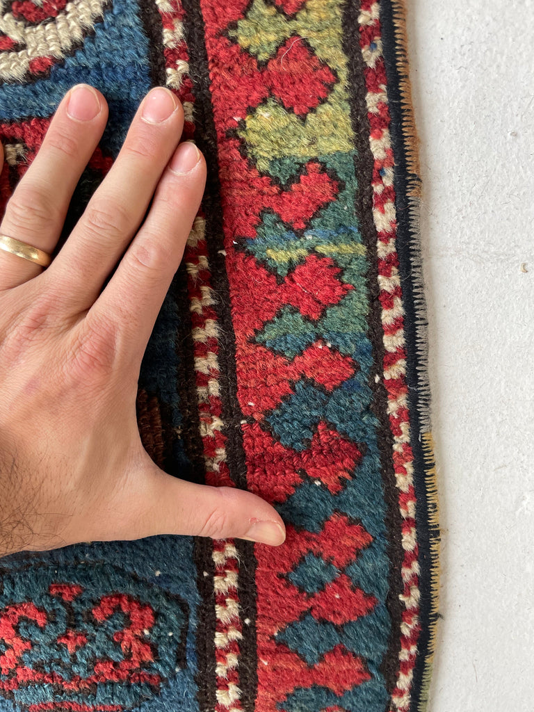 SOLD | OLLLLLLD Beauty Antique KAZAK Tribal Runner | Denim Blue, Aubergine, Kiwi Green, Teal, Saffron | ~ 3 x 9