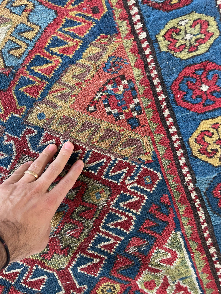SOLD | OLLLLLLD Beauty Antique KAZAK Tribal Runner | Denim Blue, Aubergine, Kiwi Green, Teal, Saffron | ~ 3 x 9