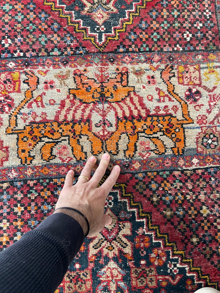 KISSING LIONS / LEOPARDS 😘  Rare & Decorative Antique Runner with Duel Feline Subjects [Wedding Rug?] | 2.11 x 10.6