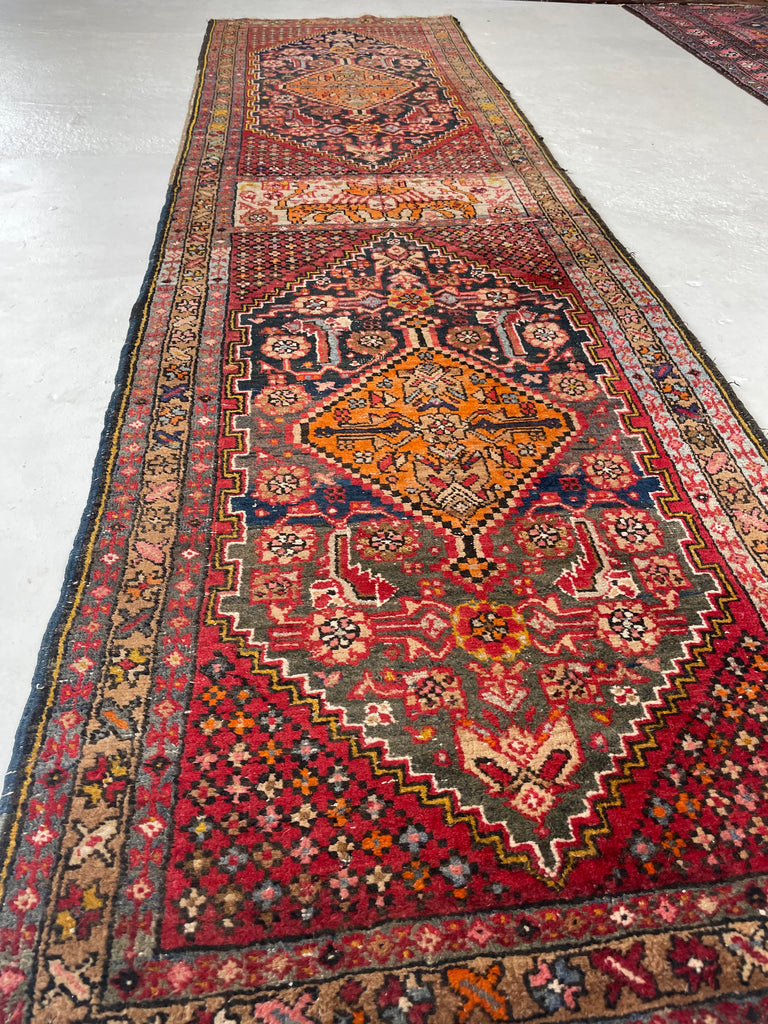 KISSING LIONS / LEOPARDS 😘  Rare & Decorative Antique Runner with Duel Feline Subjects [Wedding Rug?] | 2.11 x 10.6