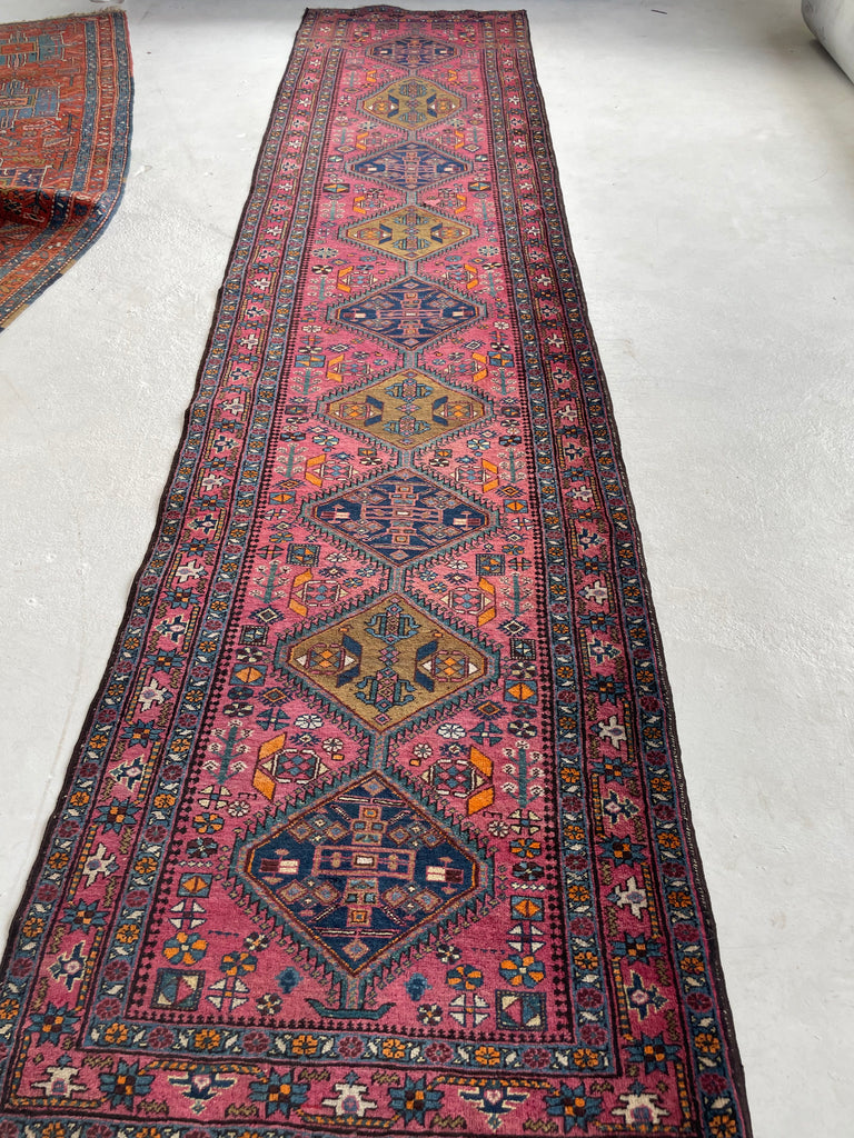 WHOA - Sensational Antique Heriz Runner in Pink, Peacock Teal, Cantaloup, & Dirty Olive | ~ 3.3 x 14