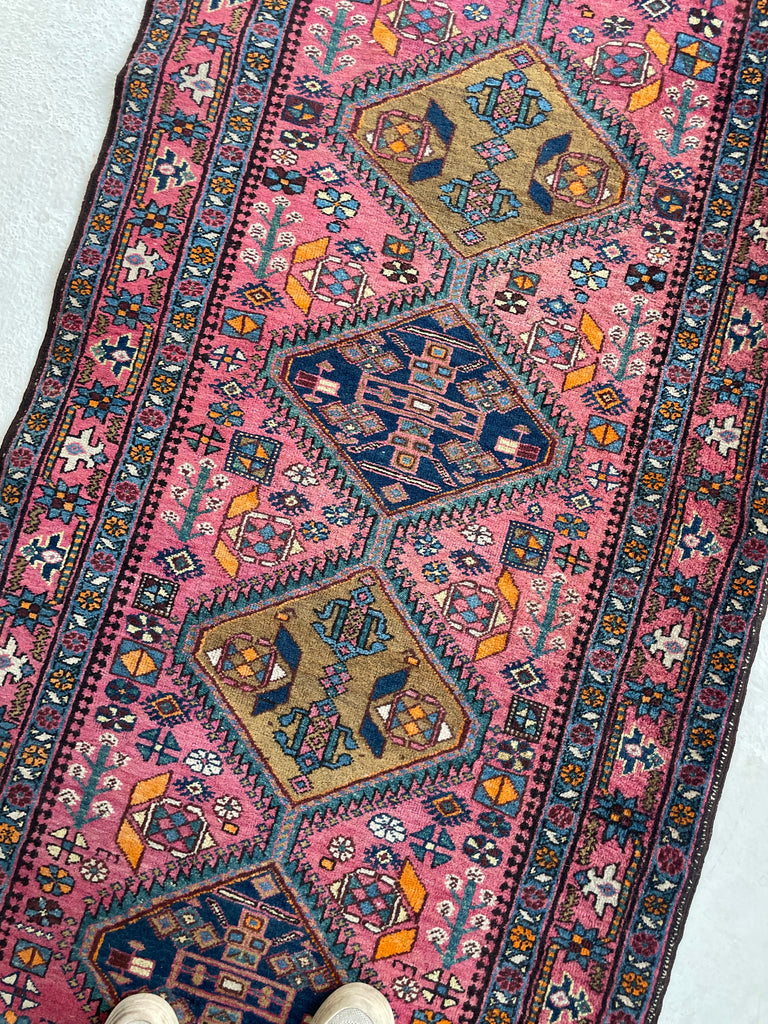 WHOA - Sensational Antique Heriz Runner in Pink, Peacock Teal, Cantaloup, & Dirty Olive | ~ 3.3 x 14