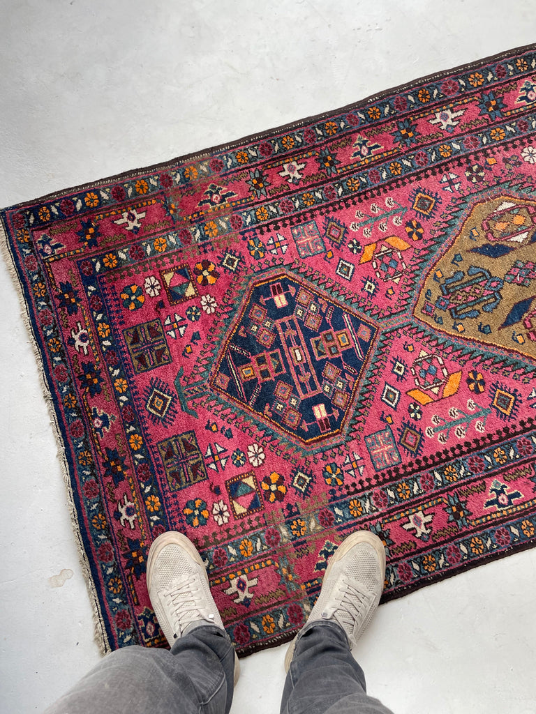 WHOA - Sensational Antique Heriz Runner in Pink, Peacock Teal, Cantaloup, & Dirty Olive | ~ 3.3 x 14