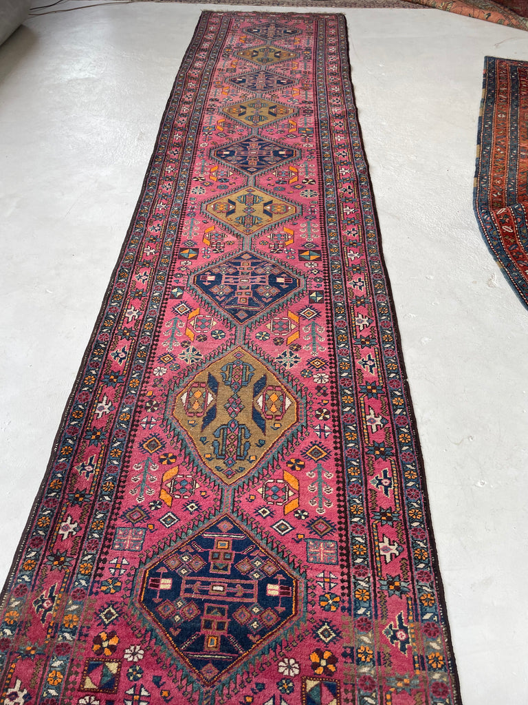WHOA - Sensational Antique Heriz Runner in Pink, Peacock Teal, Cantaloup, & Dirty Olive | ~ 3.3 x 14