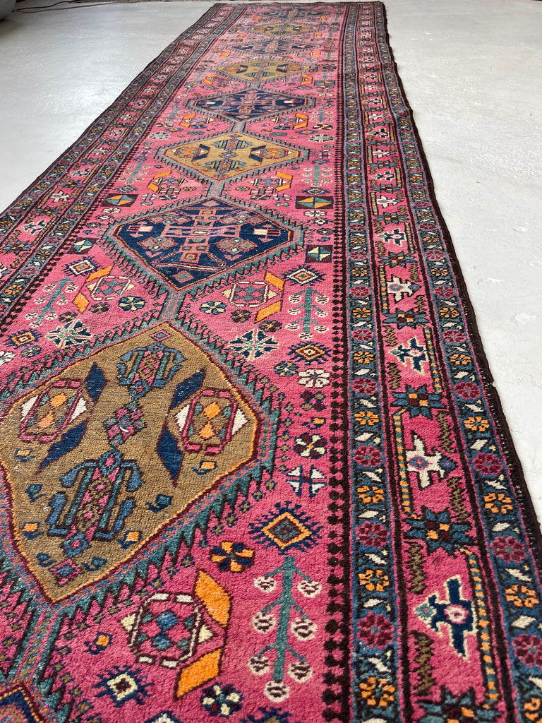 WHOA - Sensational Antique Heriz Runner in Pink, Peacock Teal, Cantaloup, & Dirty Olive | ~ 3.3 x 14