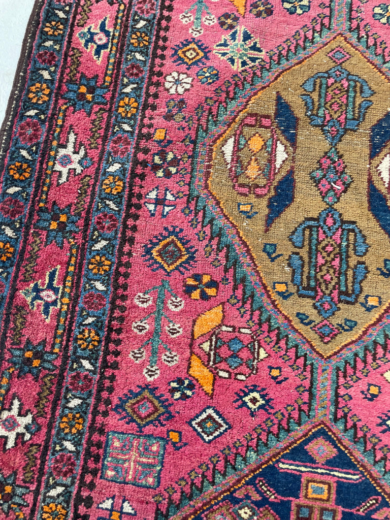 WHOA - Sensational Antique Heriz Runner in Pink, Peacock Teal, Cantaloup, & Dirty Olive | ~ 3.3 x 14