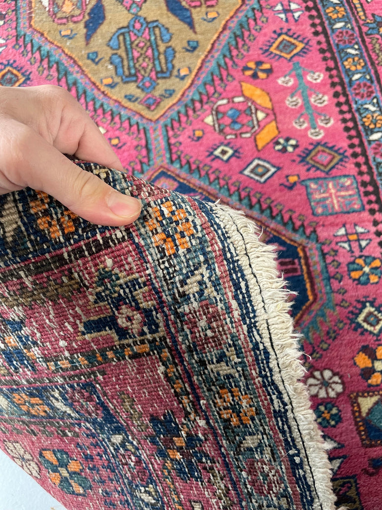 WHOA - Sensational Antique Heriz Runner in Pink, Peacock Teal, Cantaloup, & Dirty Olive | ~ 3.3 x 14