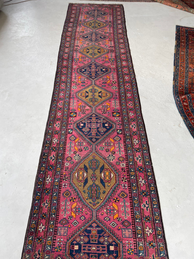 WHOA - Sensational Antique Heriz Runner in Pink, Peacock Teal, Cantaloup, & Dirty Olive | ~ 3.3 x 14