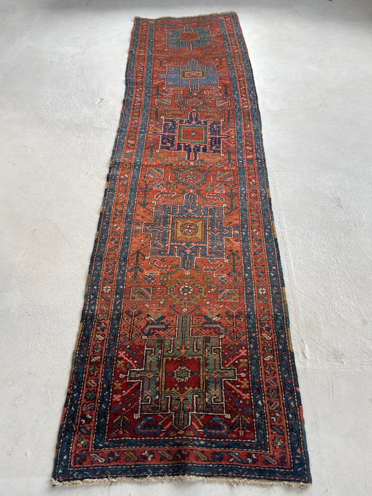 FABULOUS Antique Heriz Tribal Runner in Sunset Hues | Ombre Rust, Clay, Green, Blues | ~ 3 x 10