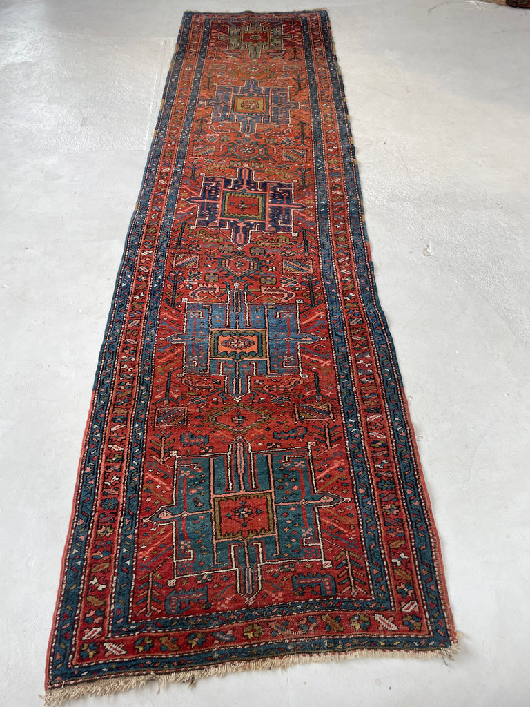 FABULOUS Antique Heriz Tribal Runner in Sunset Hues | Ombre Rust, Clay, Green, Blues | ~ 3 x 10
