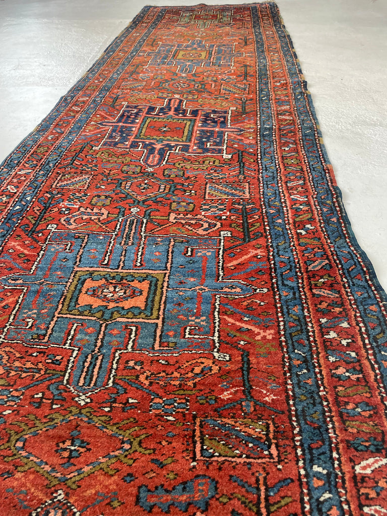 FABULOUS Antique Heriz Tribal Runner in Sunset Hues | Ombre Rust, Clay, Green, Blues | ~ 3 x 10