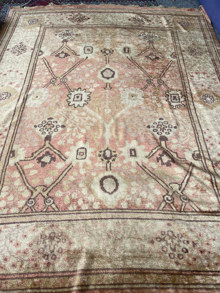 SOLD | GLOWING Vintage Oushak Rug | Ancient Design with Glossy Plush Wool in Salmon, Pink, Gold, Aubergine, Camel | 9.1 x 11.9