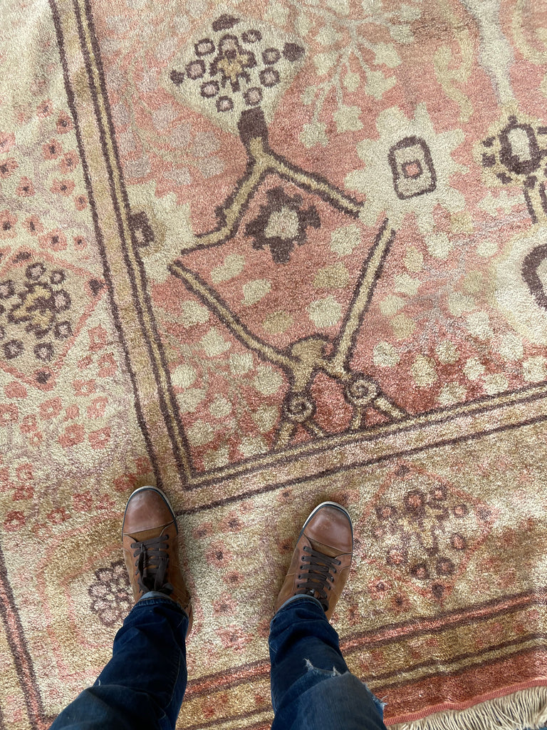 SOLD | GLOWING Vintage Oushak Rug | Ancient Design with Glossy Plush Wool in Salmon, Pink, Gold, Aubergine, Camel | 9.1 x 11.9