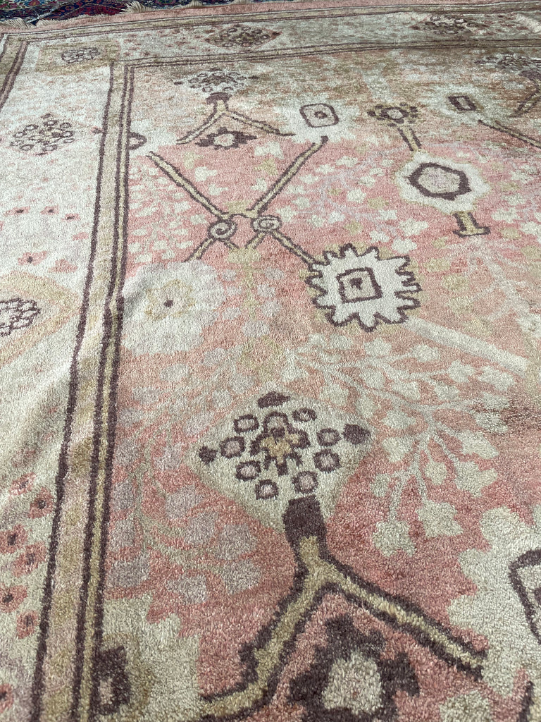 SOLD | GLOWING Vintage Oushak Rug | Ancient Design with Glossy Plush Wool in Salmon, Pink, Gold, Aubergine, Camel | 9.1 x 11.9