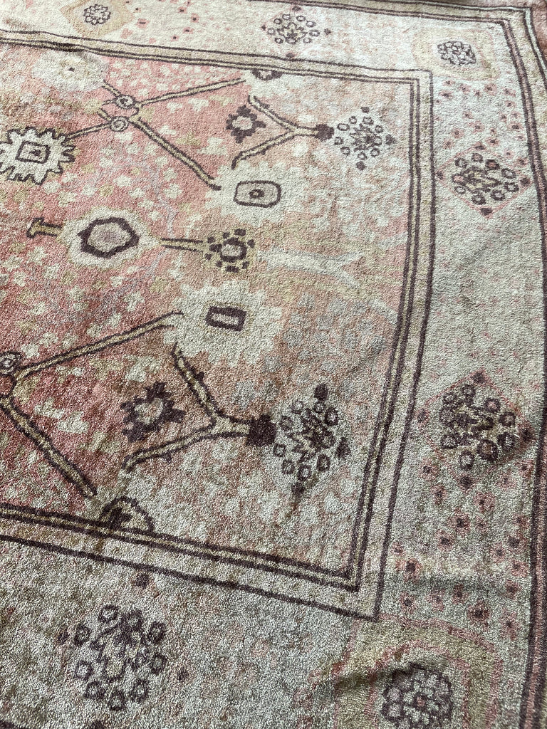 SOLD | GLOWING Vintage Oushak Rug | Ancient Design with Glossy Plush Wool in Salmon, Pink, Gold, Aubergine, Camel | 9.1 x 11.9