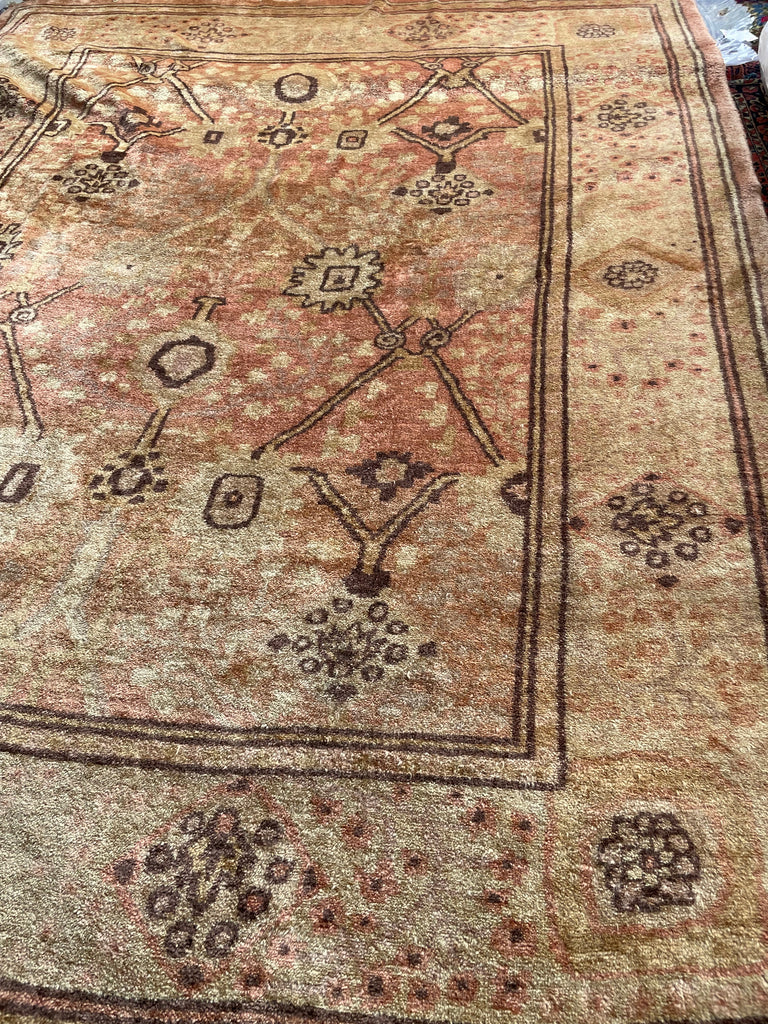 SOLD | GLOWING Vintage Oushak Rug | Ancient Design with Glossy Plush Wool in Salmon, Pink, Gold, Aubergine, Camel | 9.1 x 11.9