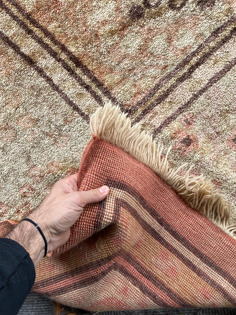 SOLD | GLOWING Vintage Oushak Rug | Ancient Design with Glossy Plush Wool in Salmon, Pink, Gold, Aubergine, Camel | 9.1 x 11.9