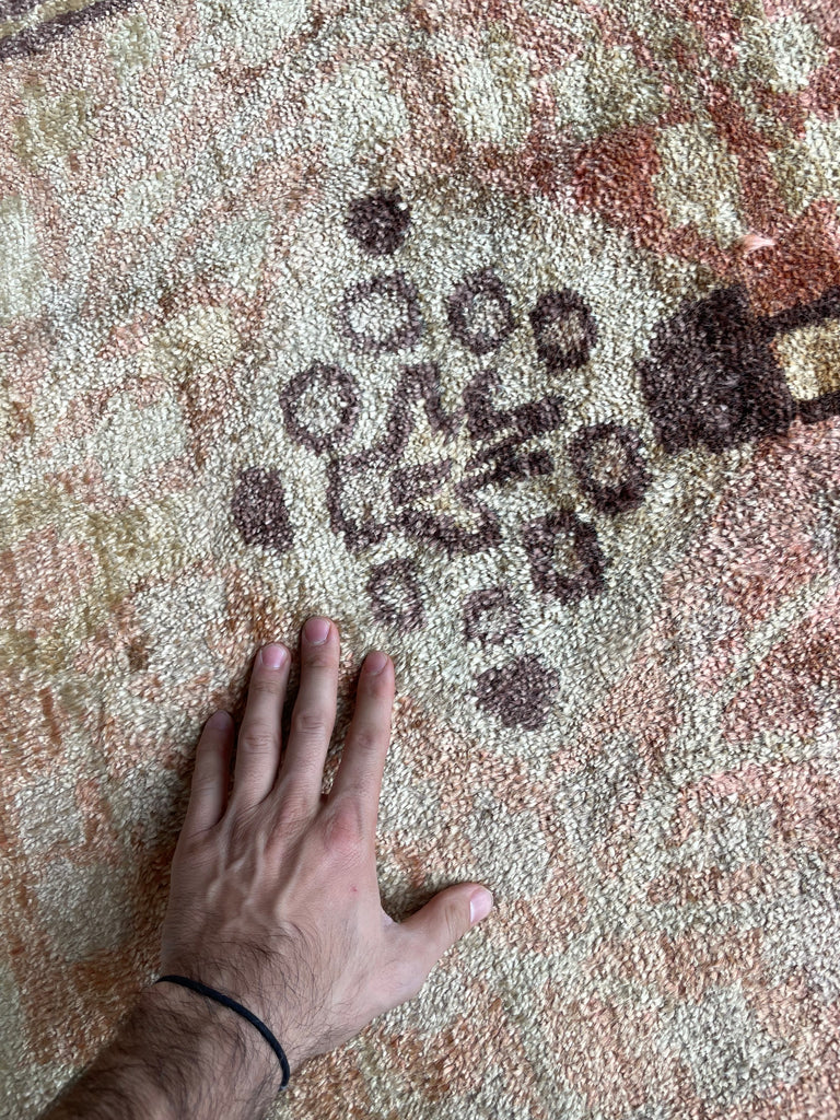 SOLD | GLOWING Vintage Oushak Rug | Ancient Design with Glossy Plush Wool in Salmon, Pink, Gold, Aubergine, Camel | 9.1 x 11.9