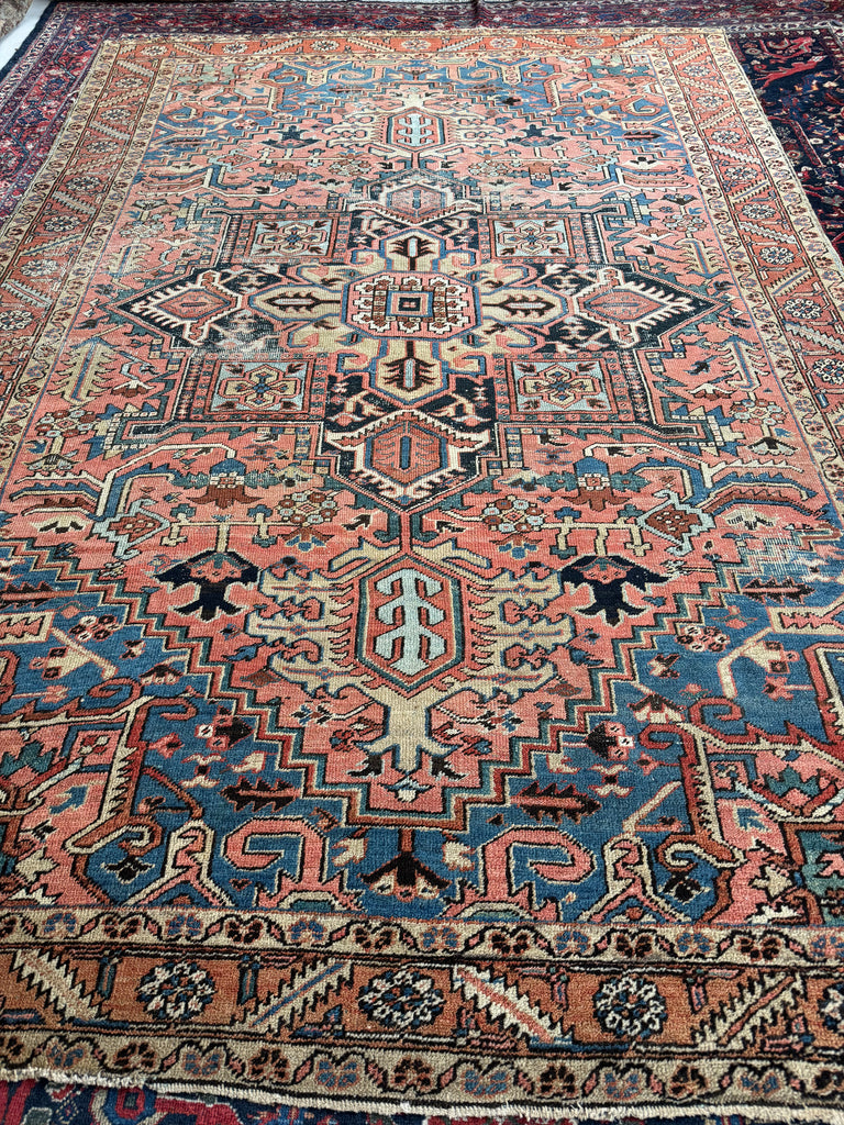 SUPERB Antique Persian Heriz Carpet | Sushi Pink Field, Kiwi Green and Lake Blue Corners, Perfect Rust & Camel Border | ~ 8 x 12