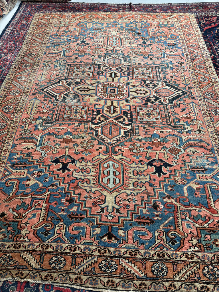 SUPERB Antique Persian Heriz Carpet | Sushi Pink Field, Kiwi Green and Lake Blue Corners, Perfect Rust & Camel Border | ~ 8 x 12
