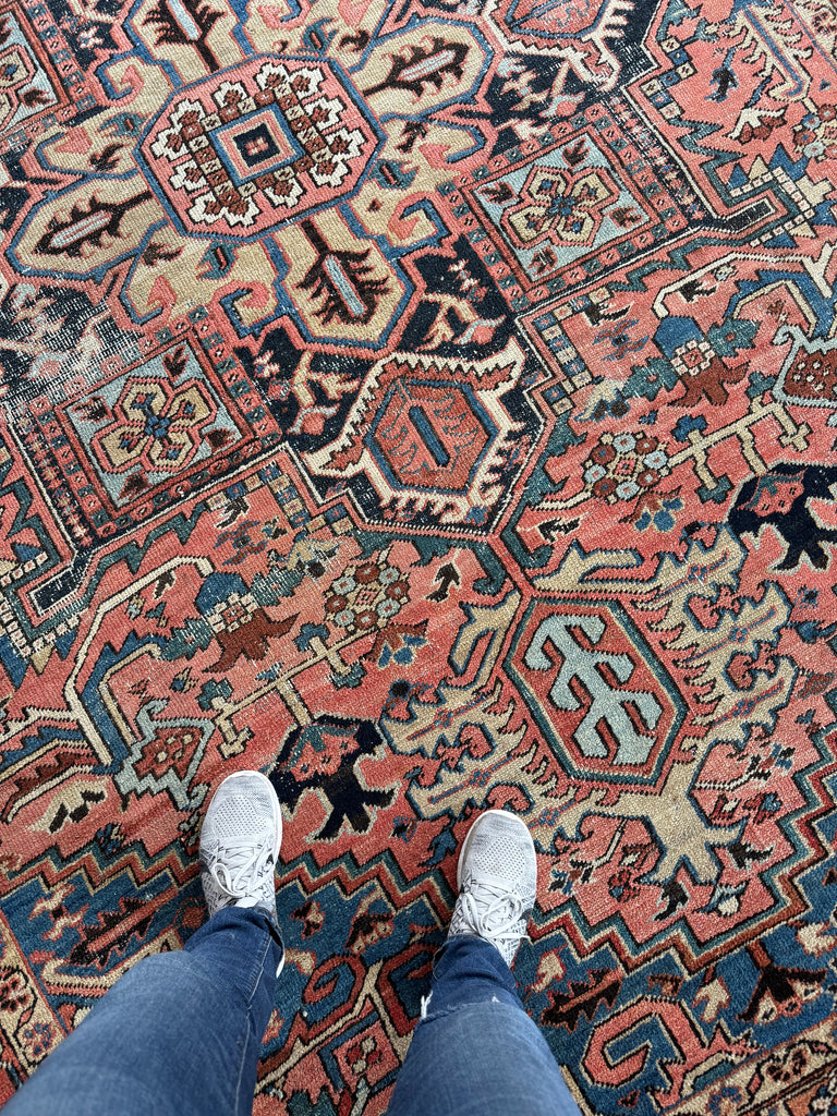 SUPERB Antique Persian Heriz Carpet | Sushi Pink Field, Kiwi Green and Lake Blue Corners, Perfect Rust & Camel Border | ~ 8 x 12