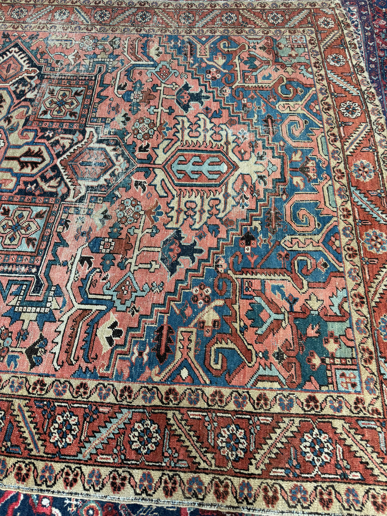 SUPERB Antique Persian Heriz Carpet | Sushi Pink Field, Kiwi Green and Lake Blue Corners, Perfect Rust & Camel Border | ~ 8 x 12