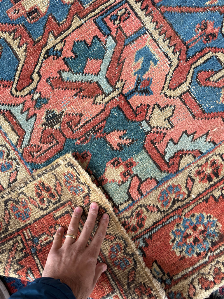 SUPERB Antique Persian Heriz Carpet | Sushi Pink Field, Kiwi Green and Lake Blue Corners, Perfect Rust & Camel Border | ~ 8 x 12