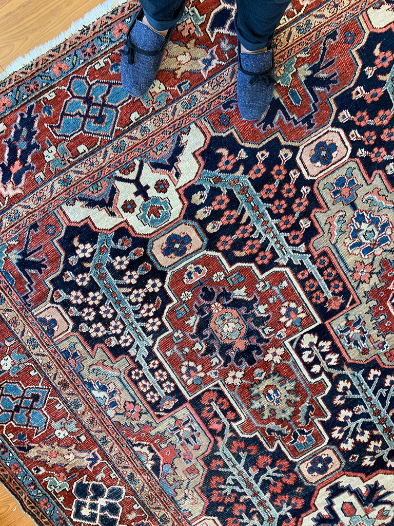 HIGH-CALIBER Antique Persian Heriz in Rare Lattice Design | Deep Indigo, Rich Red, Linen, Camel | 9 x 11.6