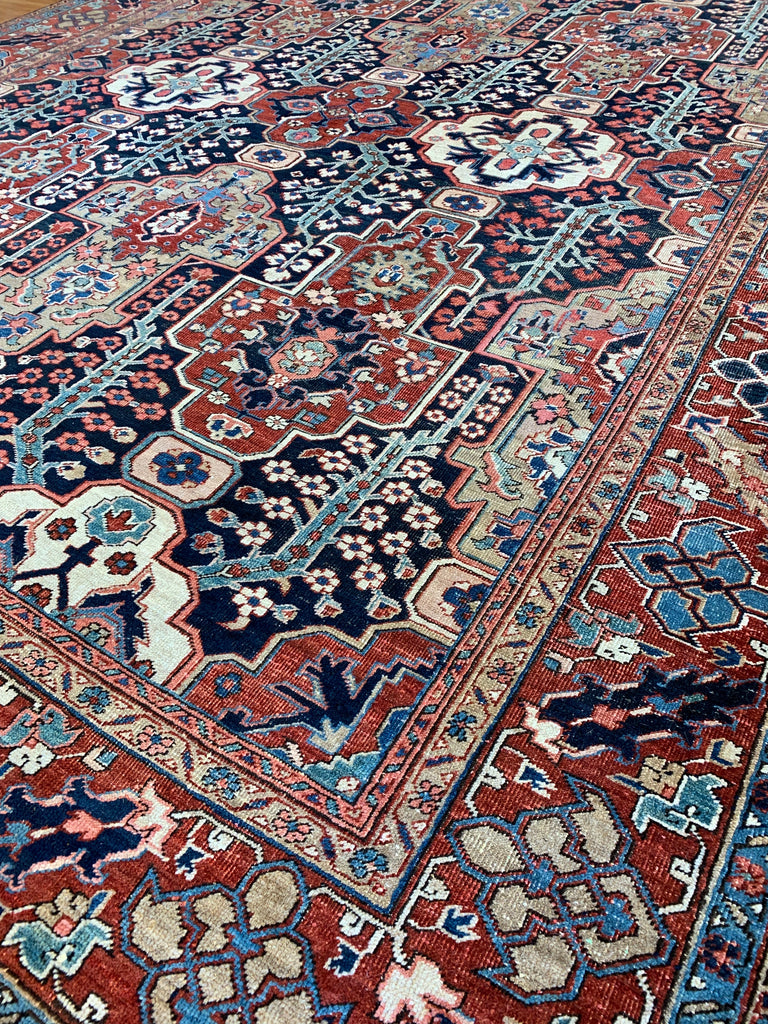 HIGH-CALIBER Antique Persian Heriz in Rare Lattice Design | Deep Indigo, Rich Red, Linen, Camel | 9 x 11.6
