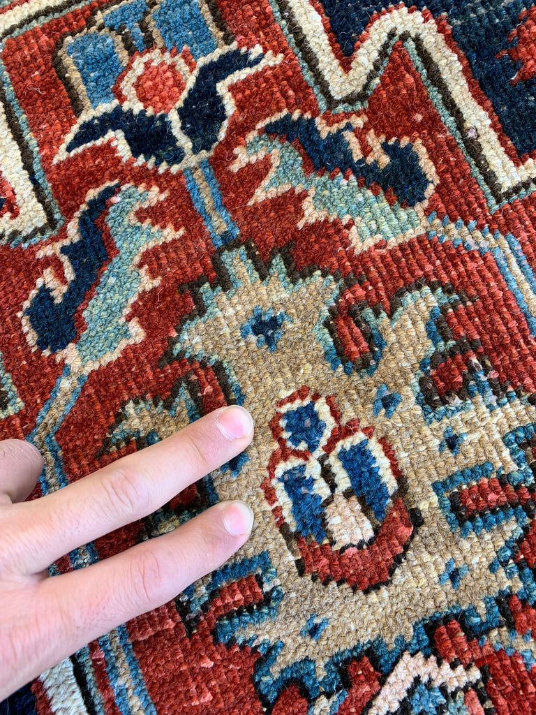 HIGH-CALIBER Antique Persian Heriz in Rare Lattice Design | Deep Indigo, Rich Red, Linen, Camel | 9 x 11.6