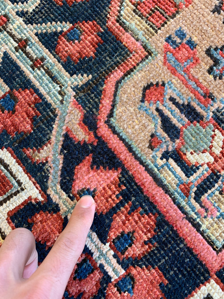 HIGH-CALIBER Antique Persian Heriz in Rare Lattice Design | Deep Indigo, Rich Red, Linen, Camel | 9 x 11.6