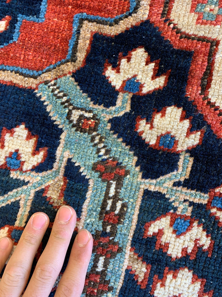 HIGH-CALIBER Antique Persian Heriz in Rare Lattice Design | Deep Indigo, Rich Red, Linen, Camel | 9 x 11.6