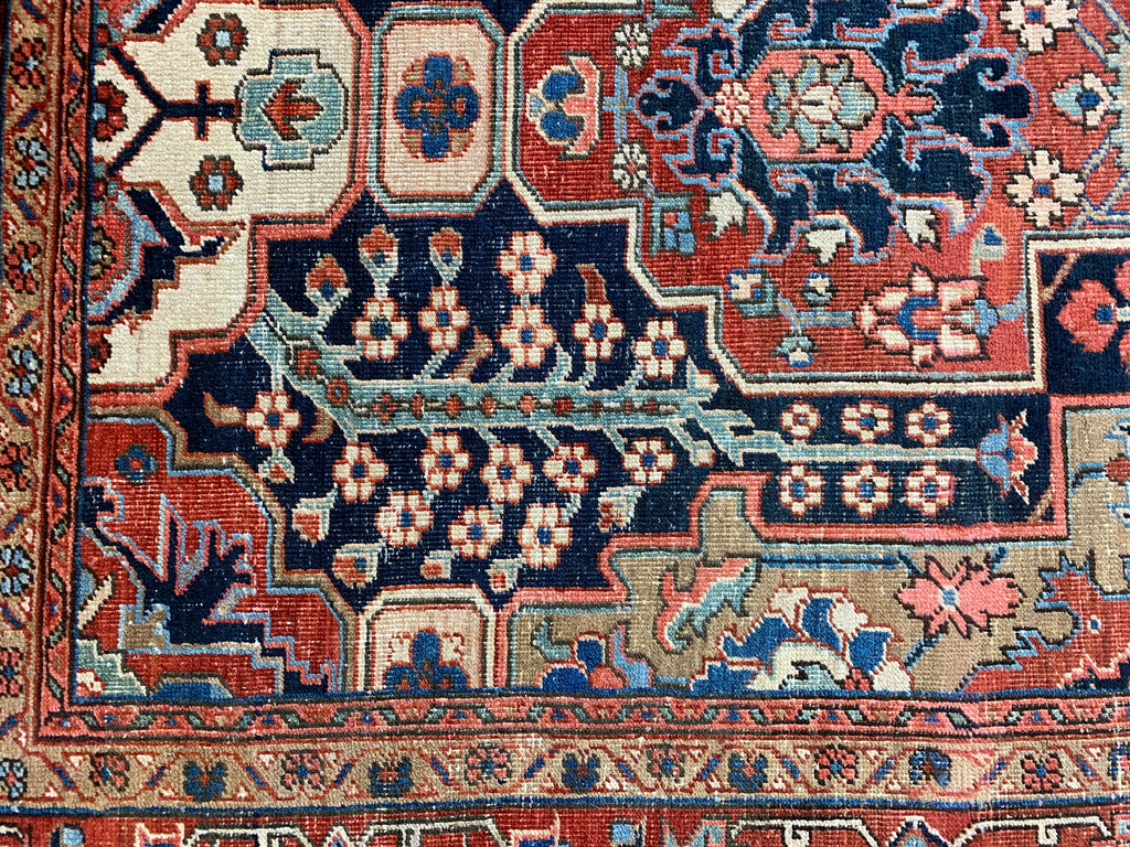 HIGH-CALIBER Antique Persian Heriz in Rare Lattice Design | Deep Indigo, Rich Red, Linen, Camel | 9 x 11.6
