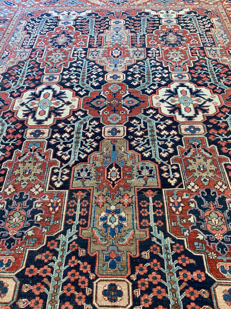 HIGH-CALIBER Antique Persian Heriz in Rare Lattice Design | Deep Indigo, Rich Red, Linen, Camel | 9 x 11.6
