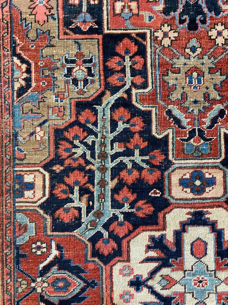 HIGH-CALIBER Antique Persian Heriz in Rare Lattice Design | Deep Indigo, Rich Red, Linen, Camel | 9 x 11.6